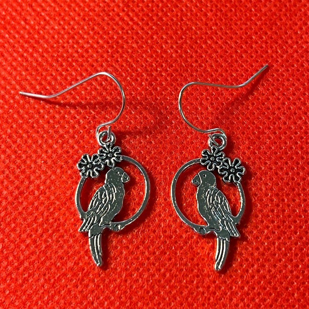 Parrot on Swing Silver Tone Pierced Earrings